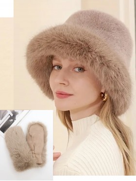 Solid Colour Fuzzy Hat with Brim and Mitten Set (HAT1338KAK + GL128703TUP)